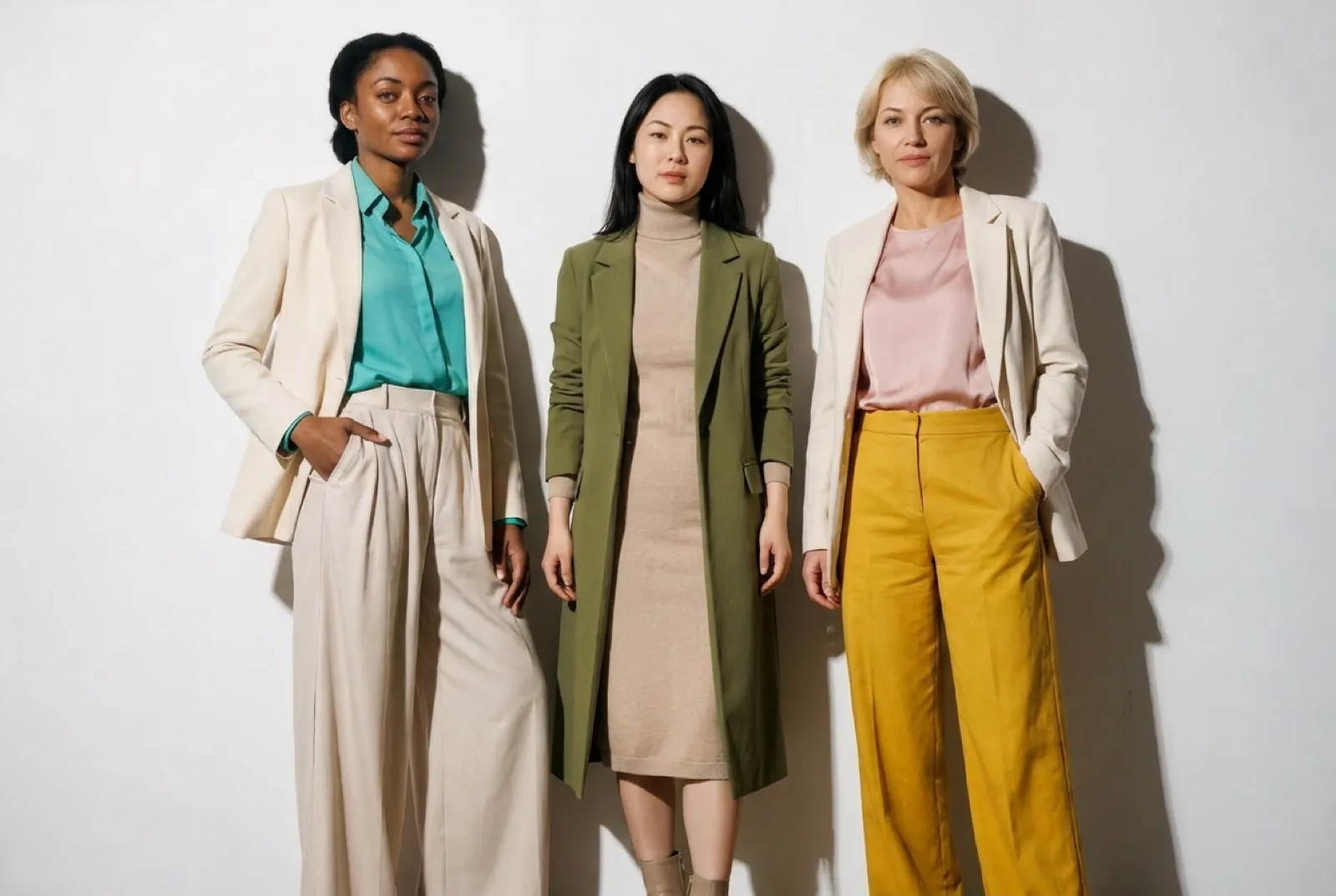 Three women dressed in smart-casual outfits